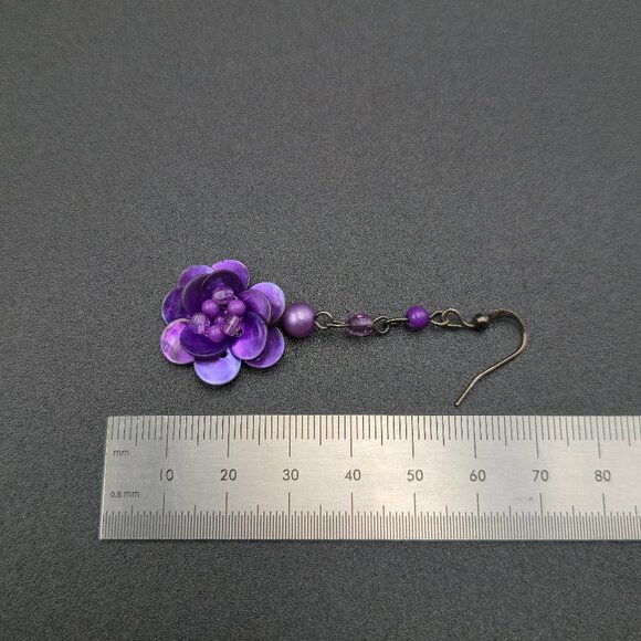Dark Tone Purple Flower Handmade Dangle Earrings A6377 - Picture 4 of 5